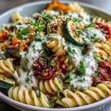 Close-up of a vibrant Chickpea Pasta Bowl garnished with parsley and toasted sesame seeds.  