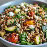 A vibrant serving of Farro Pasta Bowl topped with crumbled feta and fresh parsley over a wooden table.