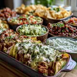 Cinco de Mayo taco bar spread with grilled chicken, seasoned beef, and fresh toppings arranged buffet-style for a festive celebration.