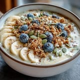 Creamy high fiber smoothie bowl with psyllium and banana, topped with fresh fruit.