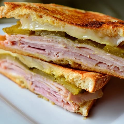 Freshly pressed Cuban sandwich oozing melted Swiss cheese, layered with roast pork and yellow mustard.