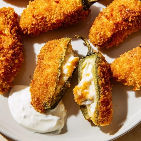 Golden, crispy jalapeño poppers filled with melty cheese, perfect appetizer.