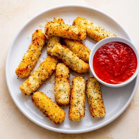 A hand dipping a golden Mozzarella Stick into vibrant red marinara sauce for a tasty appetizer.