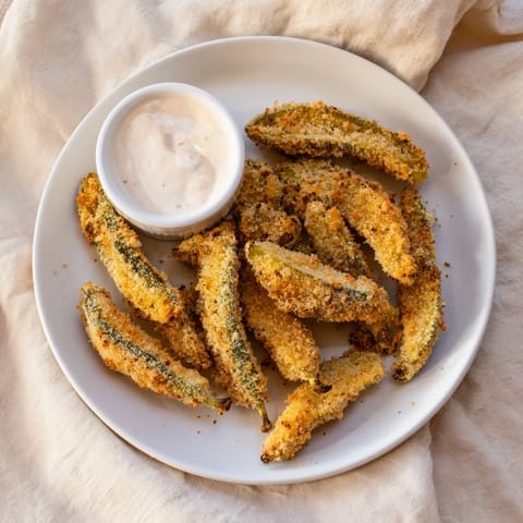 Freshly fried pickle spears coated in seasoned breadcrumbs, piled high and ready to enjoy with cool ranch dip.