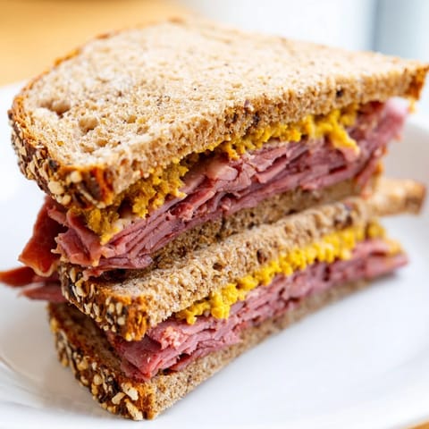 A close-up of a Pastrami on Rye sandwich served with a dill pickle spear and yellow deli mustard.