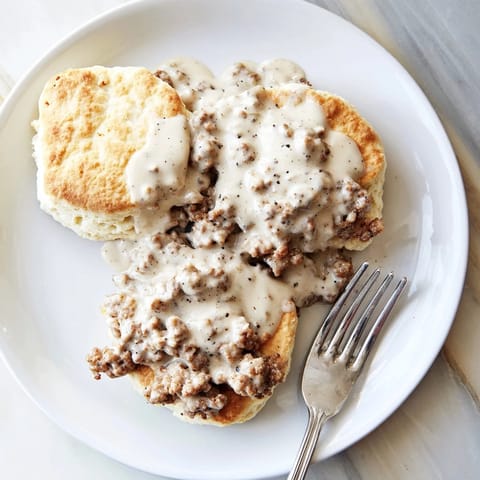 Golden brown biscuits topped with creamy, savory sausage gravy, a comforting Southern breakfast feast.