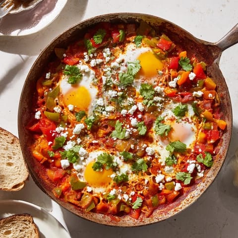Savory Shakshuka featuring runny yolks in a rich, spiced pepper and tomato base.