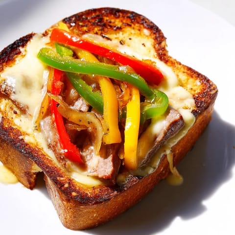 Sizzling ribeye steak, peppers, and onions stuffed inside buttery Philly Cheesesteak Grilled Cheese halves.