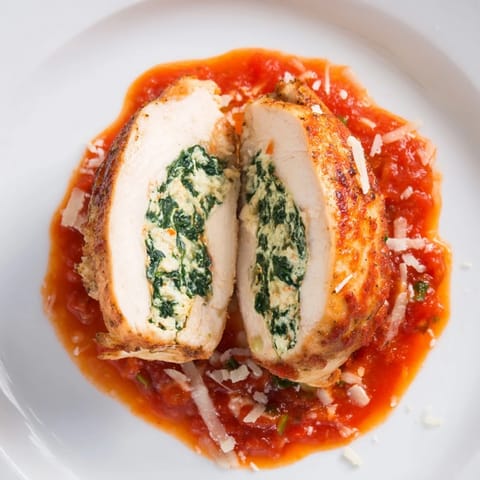 Spinach Ricotta Stuffed Chicken resting in a rich, simmering tomato sauce, with melted Parmesan and fresh basil garnish.