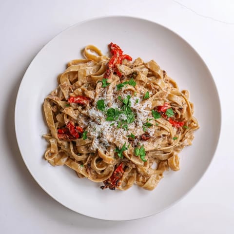 A bowl of creamy Cajun pasta, featuring al dente penne and vibrant roasted bell peppers, ready to serve.  
