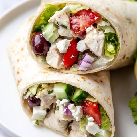 Juicy lemon-marinated chicken and crisp Greek salad fixings stuffed into a toasted tortilla, with a side of extra feta and Kalamata olives for a Mediterranean-inspired lunch.