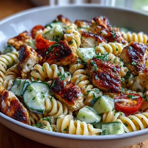 Close-up of Honey Mustard Chicken Pasta Salad, showcasing juicy chicken, crisp cucumber, and cherry tomatoes.