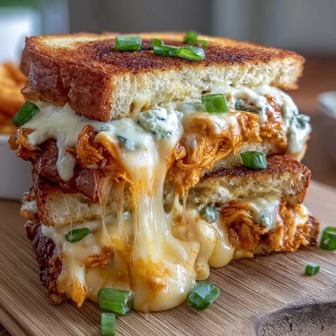 A close-up of Buffalo Chicken Ranch Grilled Cheese on a wooden board, with melted cheese and golden sourdough.