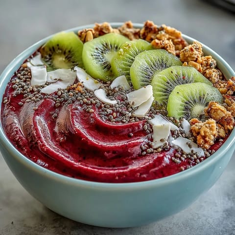 Hearty beet and berry smoothie bowl, perfect for a delicious, energizing breakfast.