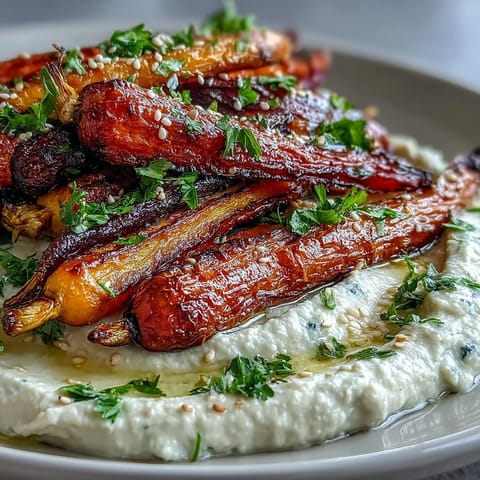 Vibrant roasted rainbow carrots artfully arranged beside smooth, homemade tahini hummus.