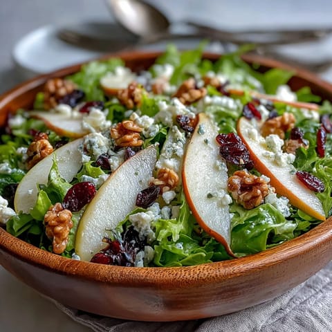 Beautiful Pear Gorgonzola Salad with crunchy walnuts and sweet honey drizzle.