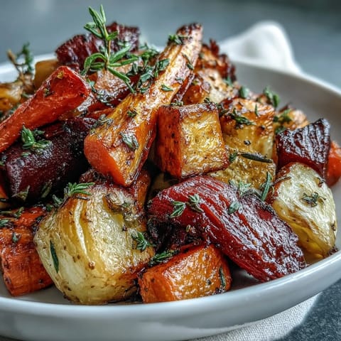 Vibrant Roasted Root Vegetable Medley, caramelizing beautifully as a tender side dish.
