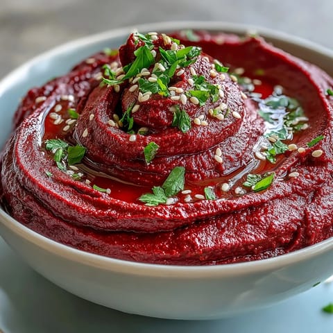 Vibrant Roasted Beet Hummus, a creamy, earthy dip crowned with olive oil.