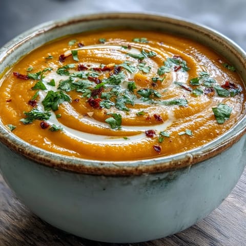 Creamy carrot and celeriac soup in a white bowl, garnished with fresh coriander and a coconut yogurt swirl.