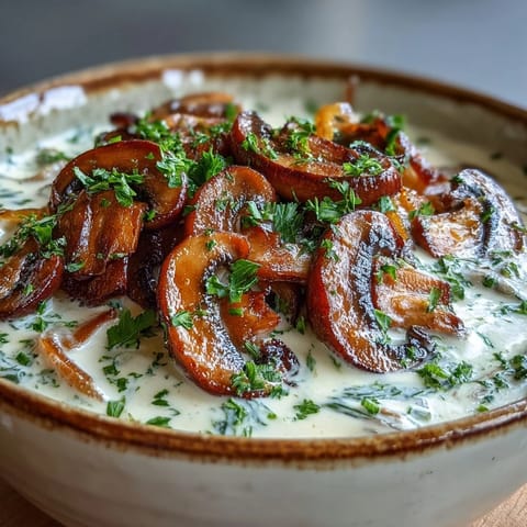 A ladle scooping up the thick Creamy Mushroom Stroganoff Soup, showcasing caramelized mushrooms and rich, savory broth.