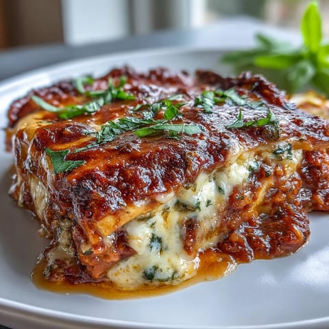 Ricotta and Parmesan melt into the hearty One-Pan Smoky Veggie Lentil Lasagne, ready to slice.