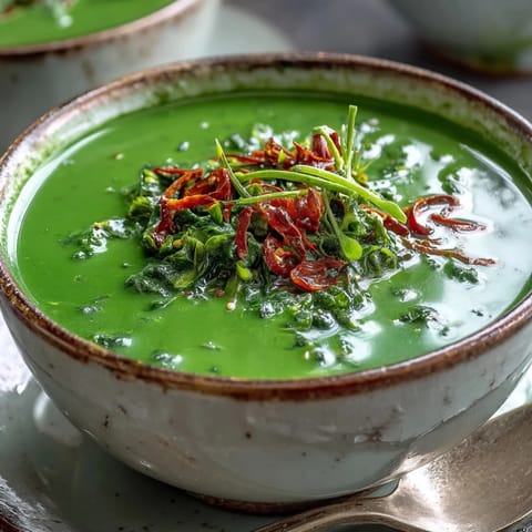 Hot Spinach Coriander Lemongrass Soup in a white ceramic bowl, garnished with fresh coriander leaves and a spoon ready to serve.