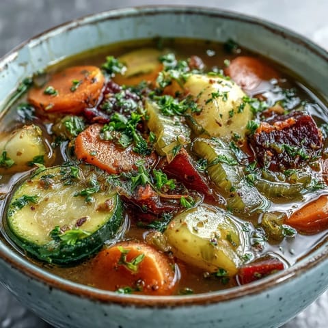 A bowl of Rainbow Vegetable Detox Soup topped with fresh parsley, served beside crusty bread.