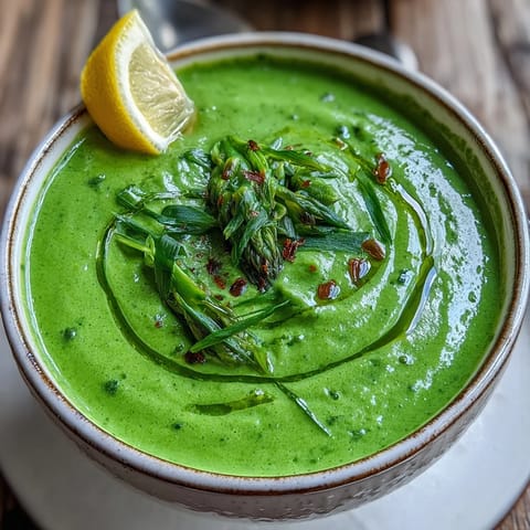 Creamy Big Green Immunity-Boosting Vegetable Soup with spinach, asparagus, and broccoli served hot in a rustic bowl with lemon.