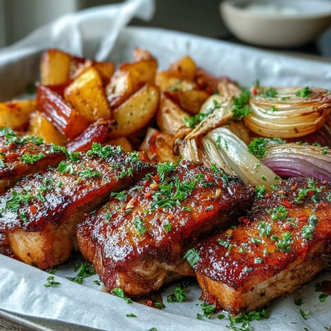Oven-baked Pork and Aromatic Rhubarb Traybake featuring tender meat slices alongside glazed rhubarb spears and toasted spices, ready to be enjoyed.