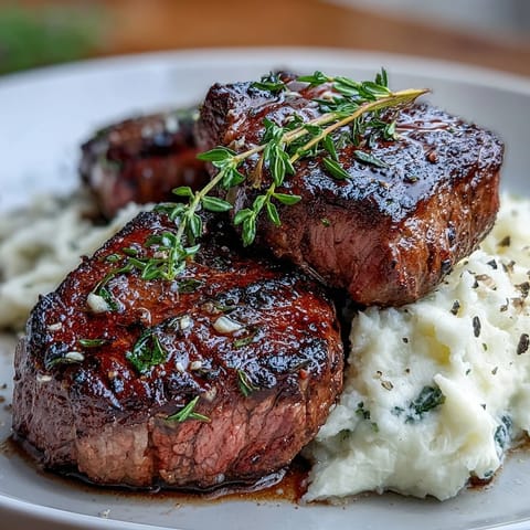 Hearty Venison Steaks with Caraway Crushed Swede mash served on a plate, garnished with fresh thyme and ready to enjoy.
