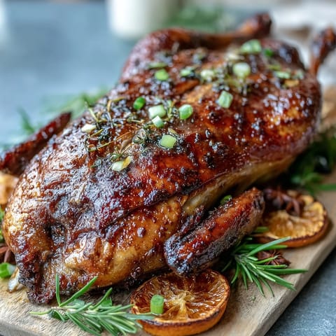 Golden-brown Five-Spice Roast Ducks resting before carving, garnished with fresh orange slices and aromatic star anise.