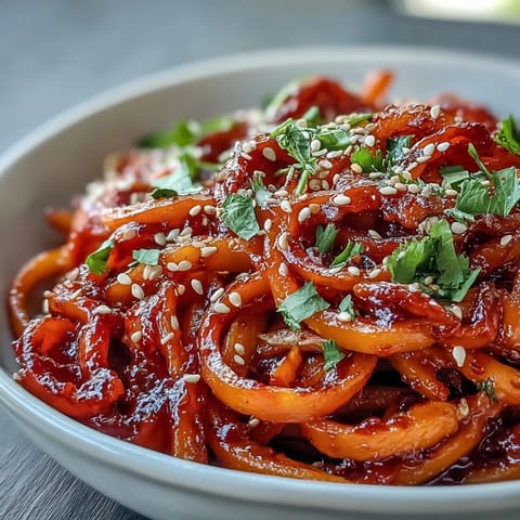 A serving bowl of Gochujang Swede Noodles with crunchy carrots and toasted sesame seeds, showcasing a spicy-sweet fusion.