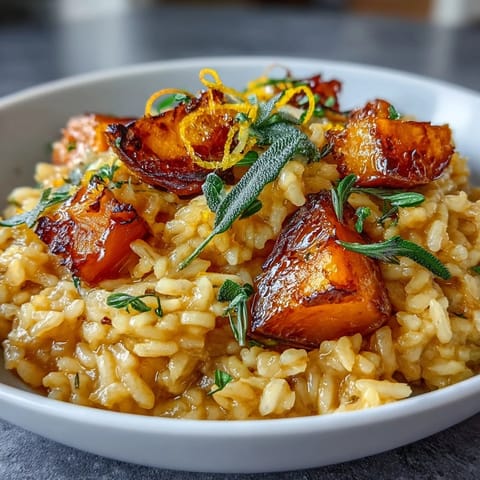 Creamy Vegan Pumpkin Risotto served in a bowl with golden roasted pumpkin cubes and crispy sage leaves for a cozy autumn meal.