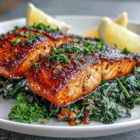 Air Fryer Salmon and Swiss Chard plated with extra-crisp skin and garlicky greens, served with fresh lemon wedges on the side for squeezing.