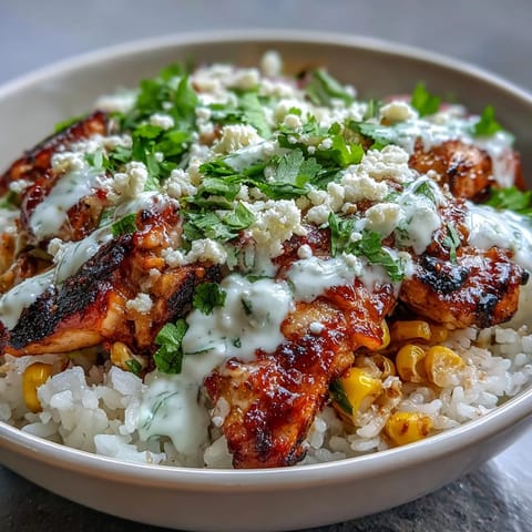 Smoky Street Corn Chicken and Rice Bowl served with creamy zesty crema, lime wedges, and jalapeños for a vibrant, Mexican-inspired dinner.