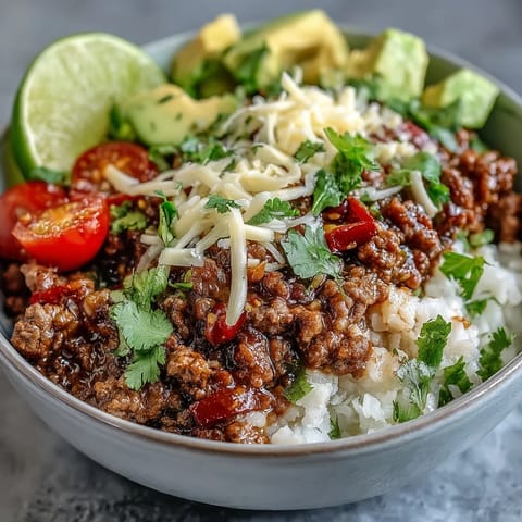 Golden-brown seasoned ground beef and fluffy cauliflower rice fill a bowl topped with crisp romaine, tomatoes, avocado, and cheddar.