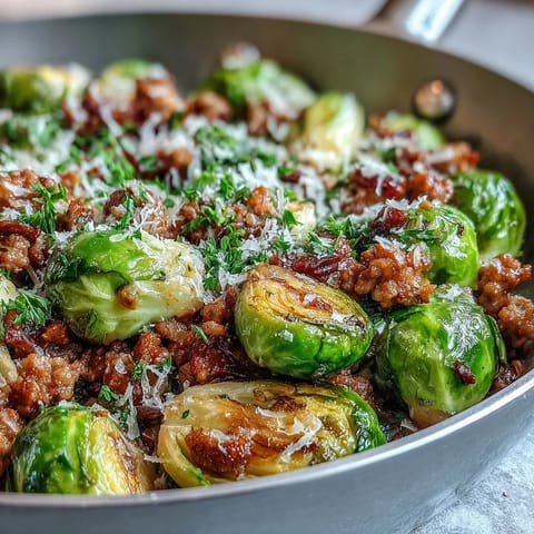 Garlic-infused Brussels sprouts and ground turkey cook together in one pan, brightened with lemon juice for a wholesome dinner.