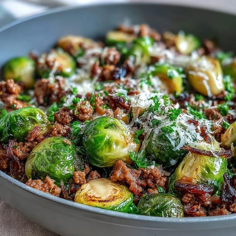 Golden-brown Brussels sprouts and savory ground turkey sizzle in a skillet, topped with fresh parsley and Parmesan.
