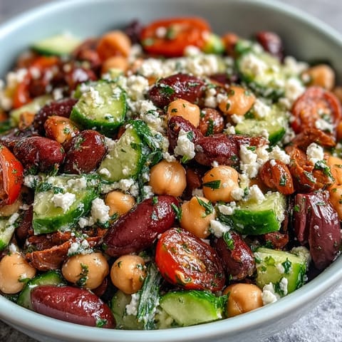Freshly diced cucumber and red onion add crisp texture to the Greek Bean Salad with Lemon Marinated Beans.