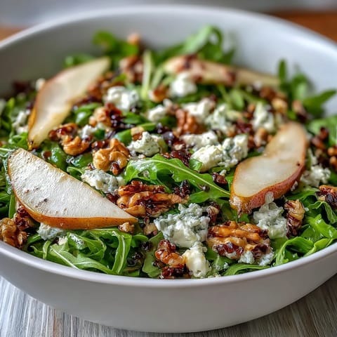 Fresh arugula and pear bowl topped with creamy crumbled blue cheese and toasted walnuts, drizzled with balsamic dressing.