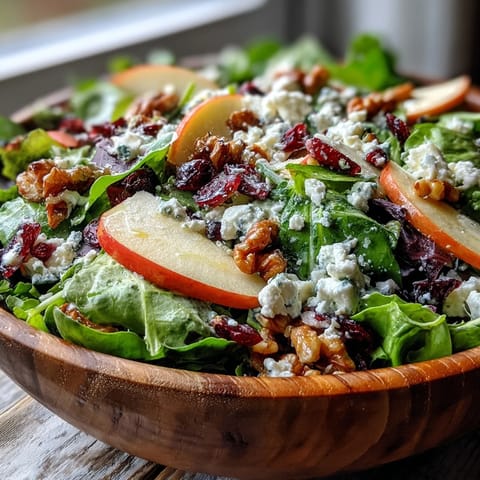 Fresh mixed greens and apple slices tossed in a tangy cider vinaigrette, topped with creamy goat cheese and crunchy walnuts.