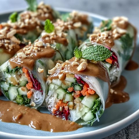 Silky rice paper shards mingle with crisp carrots, cucumbers, and herbs in this vibrant Rice Paper Roll Bowl, all drizzled with creamy peanut sauce.