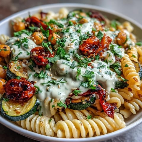 Roasted vegetables and chickpea pasta are tossed in a creamy tahini sauce for a hearty Chickpea Pasta Bowl.  