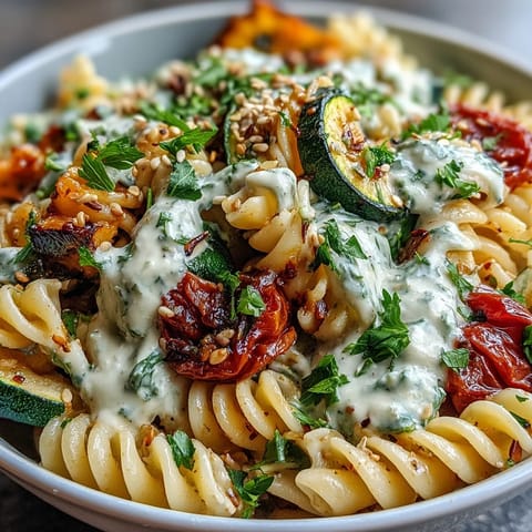 Close-up of a vibrant Chickpea Pasta Bowl garnished with parsley and toasted sesame seeds.  