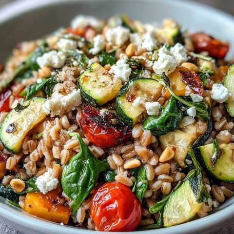 A close-up of the Farro Pasta Bowl with zucchini, bell peppers, and cherry tomatoes tossed in olive oil.