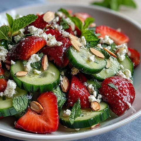 A refreshing cucumber and strawberry salad with fresh mint, perfect for a light spring lunch or picnic side dish.
