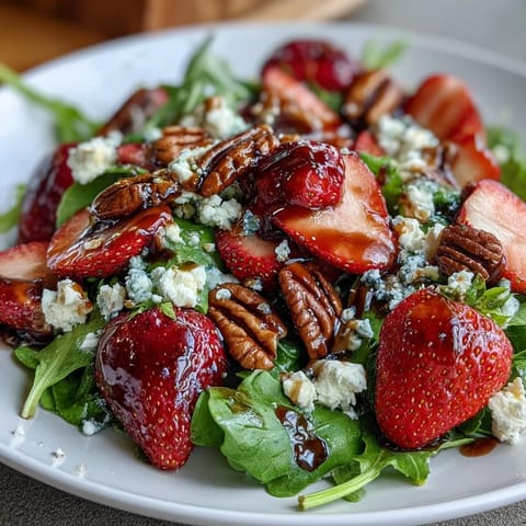 Fresh strawberry arugula salad with goat cheese and balsamic glaze, perfect for spring dinner parties.  