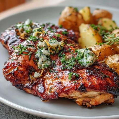 Golden roasted chicken infused with fresh lemon and herbs, surrounded by crispy baby potatoes in a rustic roasting pan.