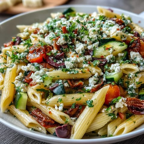 Vibrant Greek pasta salad with olives and feta, tossed with fresh vegetables and herbs for a refreshing Mediterranean meal.
