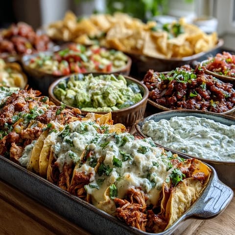 Cinco de Mayo taco bar spread with grilled chicken, seasoned beef, and fresh toppings arranged buffet-style for a festive celebration.
